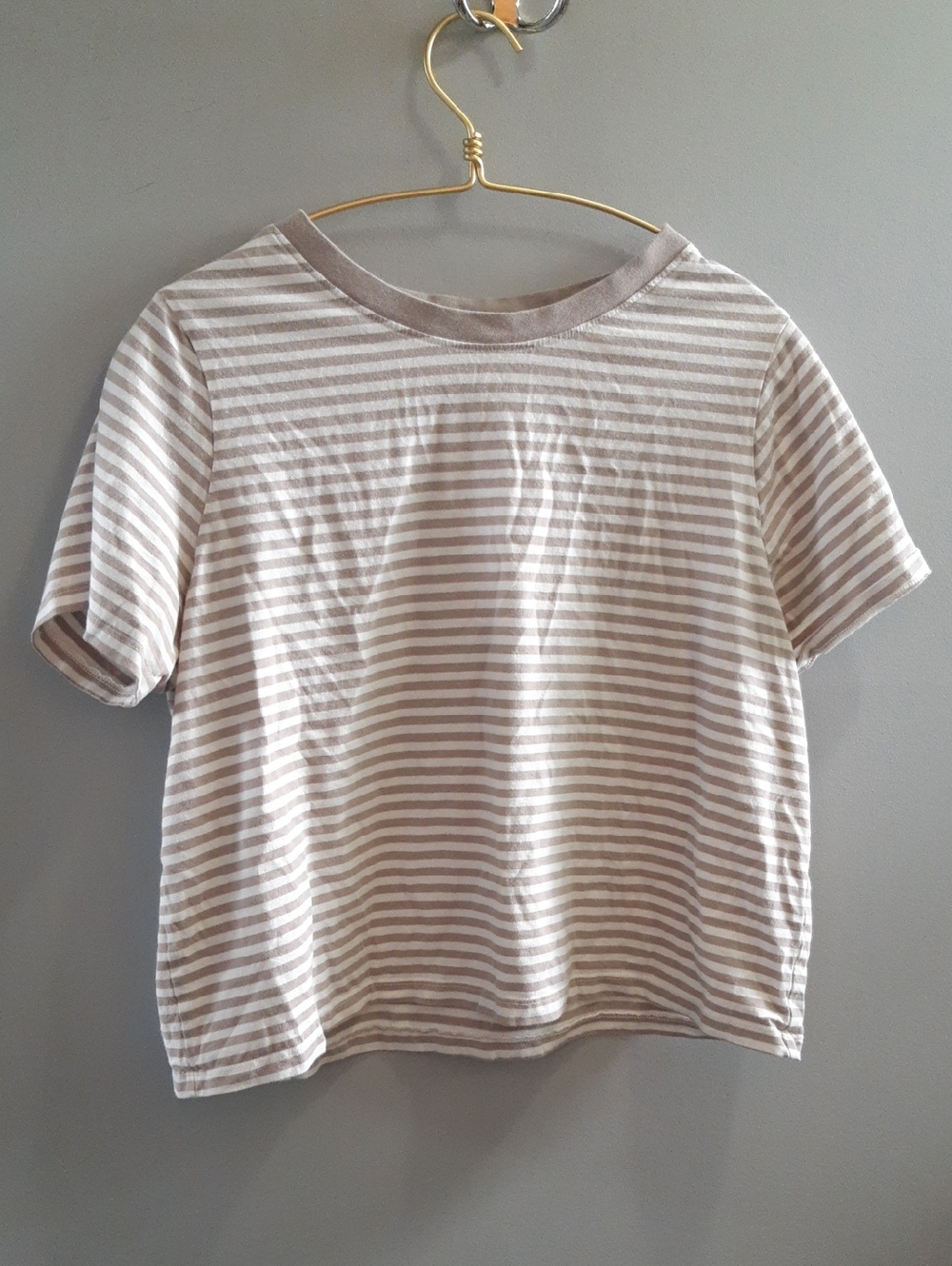 Women’s Cream and Taupe Striped Cropped Short Sleeve Tee